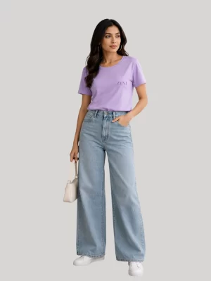 Woman wearing ZYNI Premium Plain Lavender Cotton T-Shirt with embroidered logo and regular fit