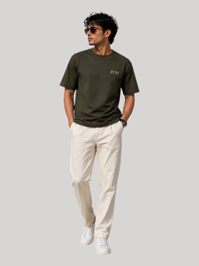 Premium plain olive green cotton T-shirt for men featuring ZYNI's signature embroidered logo.