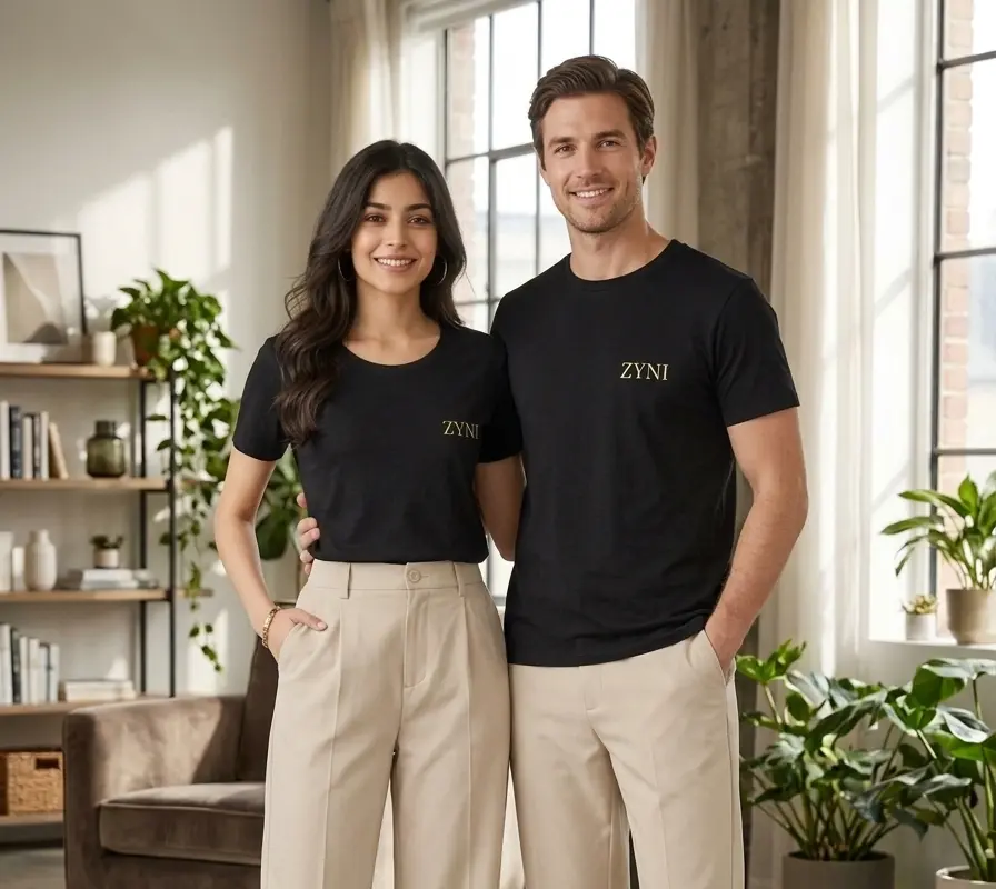 Man and woman wearing premium plain cotton T-shirts in neutral colours