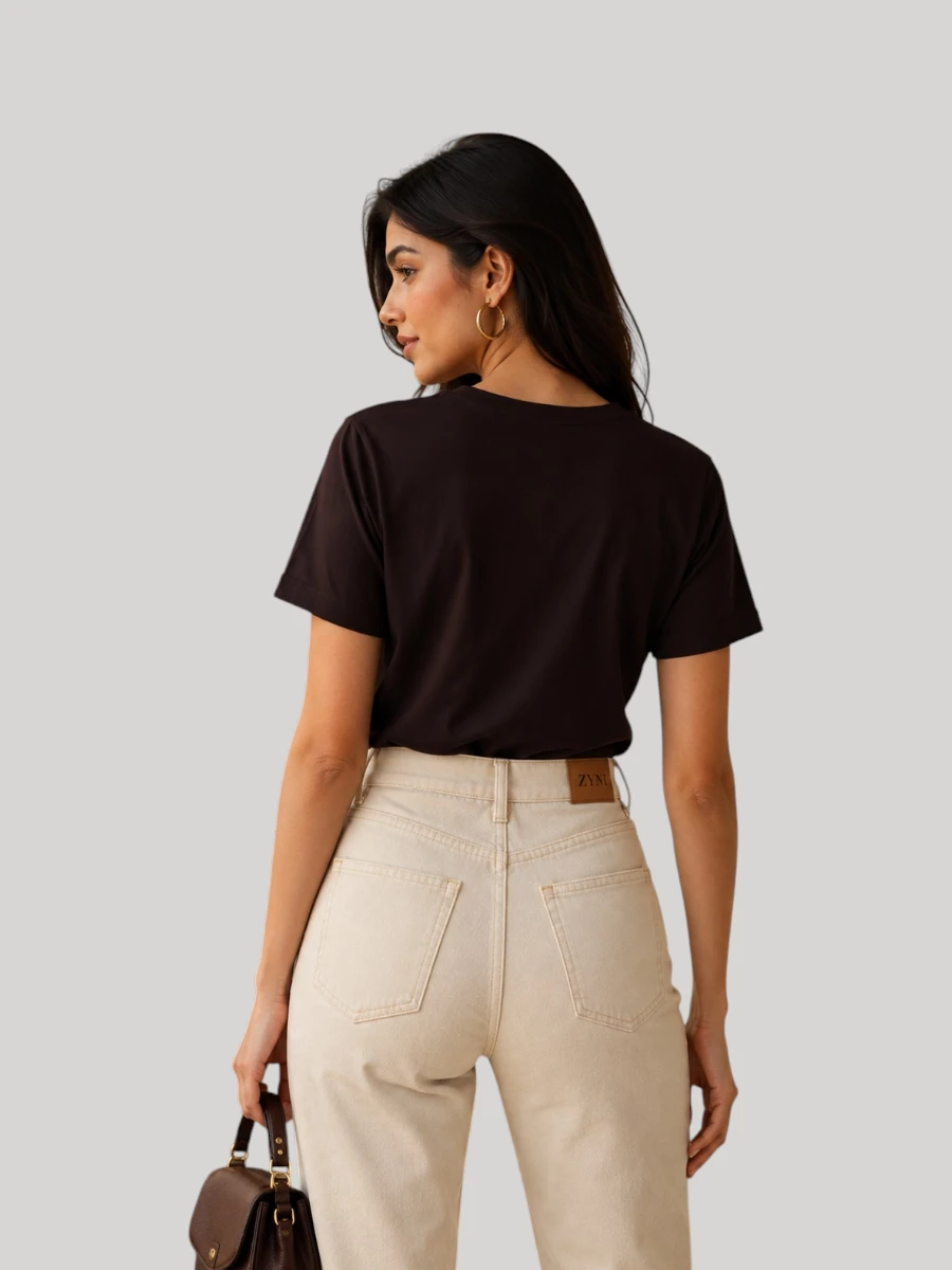 ZYNI Premium Plain Coffee Brown Cotton T-Shirt for Women - Image 2