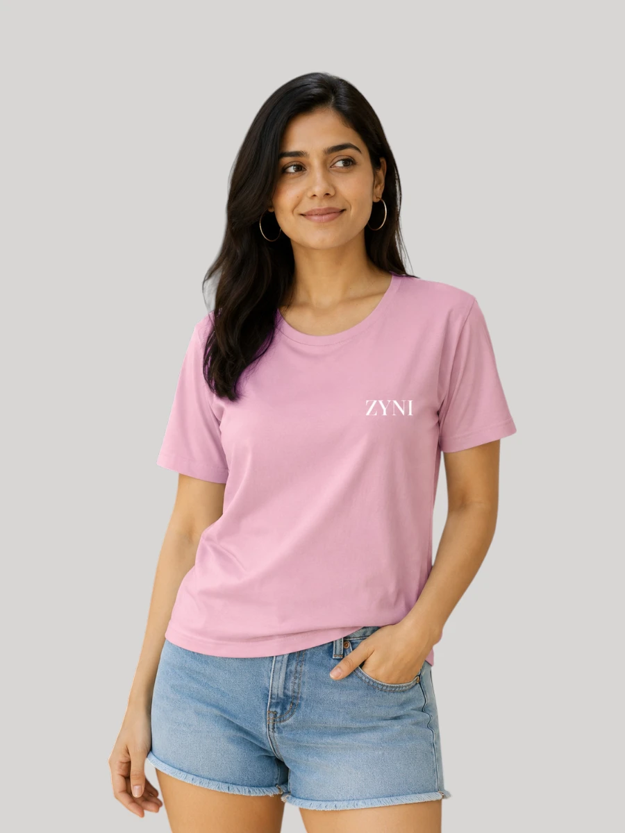 Woman wearing ZYNI Premium Plain Baby Pink Cotton T-Shirt with embroidered ZYNI logo