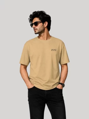 ZYNI Premium Plain Beige Cotton T-Shirt for Men with minimalist embroidered logo and regular fit