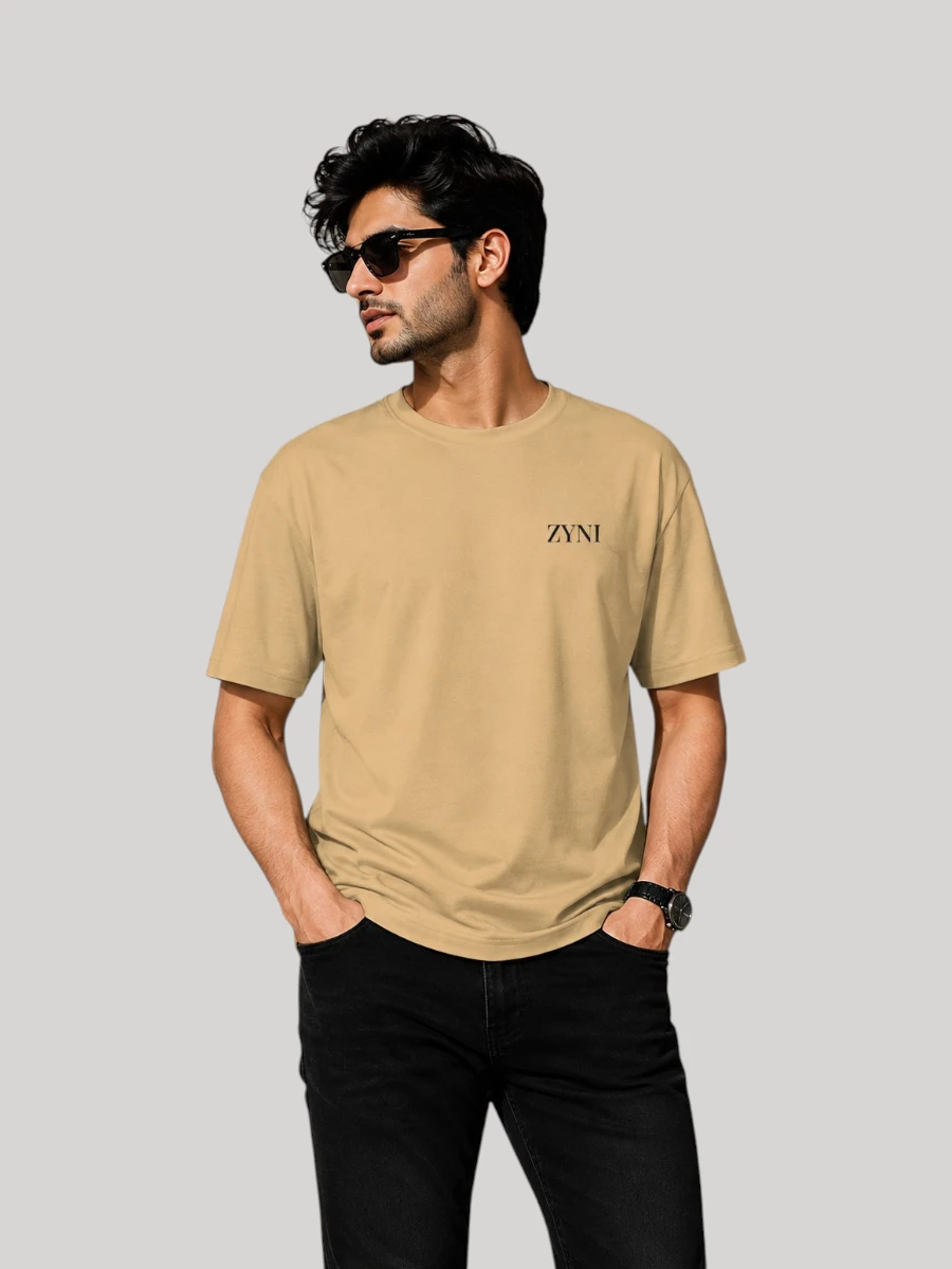 ZYNI Premium Plain Beige Cotton T-Shirt for Men with minimalist embroidered logo and regular fit