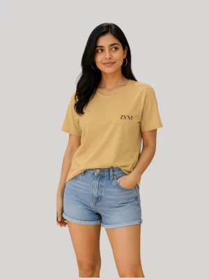 Woman wearing ZYNI Premium Plain Beige Cotton T-Shirt with embroidered logo