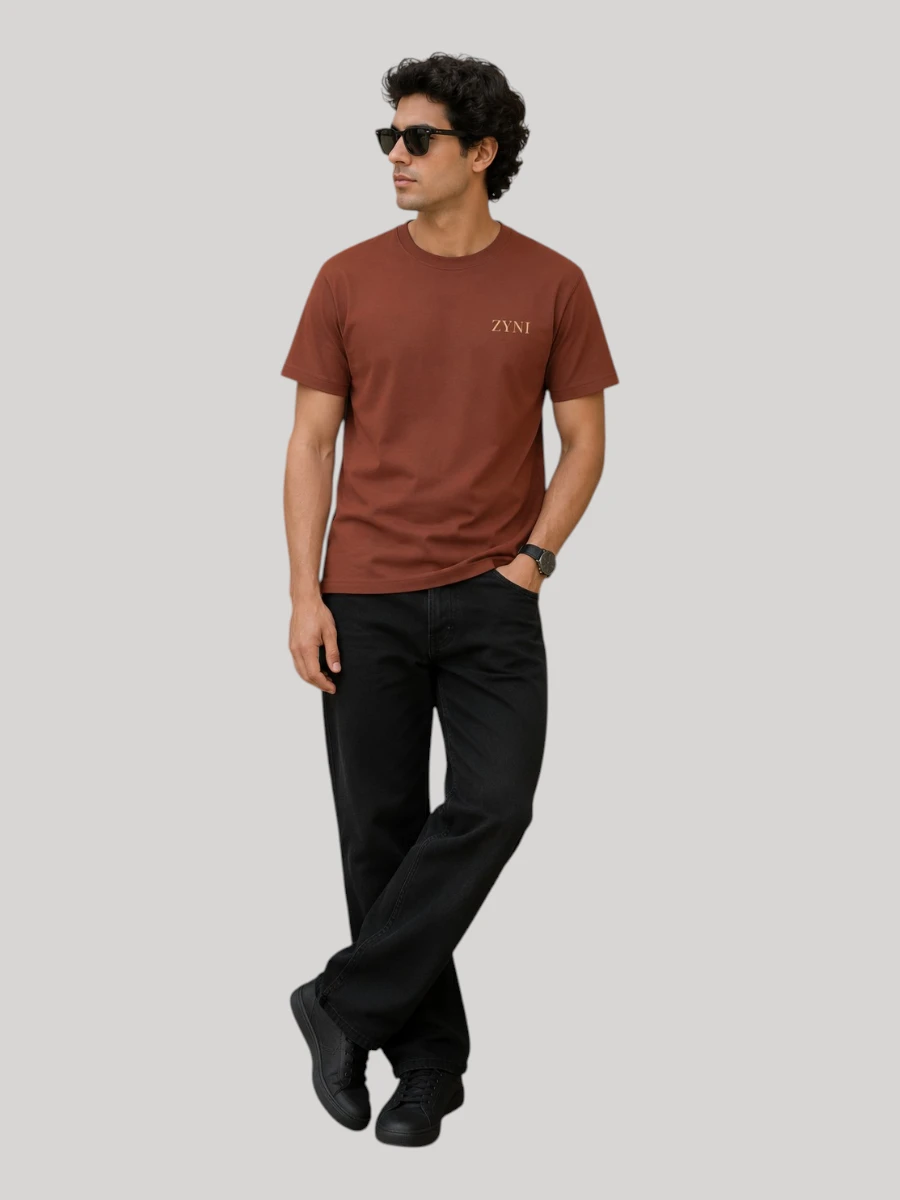 Man wearing ZYNI Premium Plain Copper Cotton T-Shirt with embroidered logo