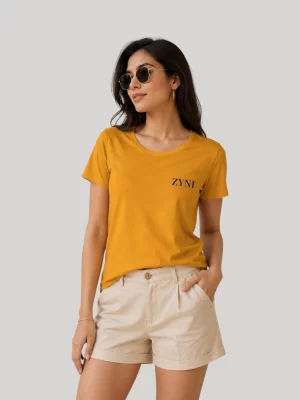 ZYNI Premium Plain Golden Yellow Cotton T-Shirt for Women with minimalist embroidered logo and regular fit