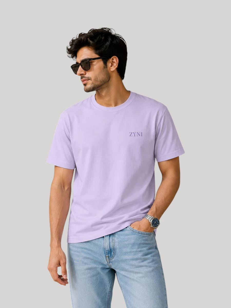 ZYNI Premium Plain Lavender Cotton T-Shirt for Men with minimalist embroidered logo and regular fit