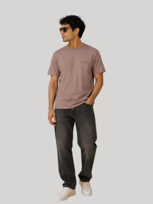 Man wearing ZYNI Premium Plain Mushroom Cotton T-Shirt with embroidered logo