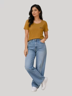 Woman wearing ZYNI Premium Plain Mustard Yellow Cotton T-Shirt with embroidered logo