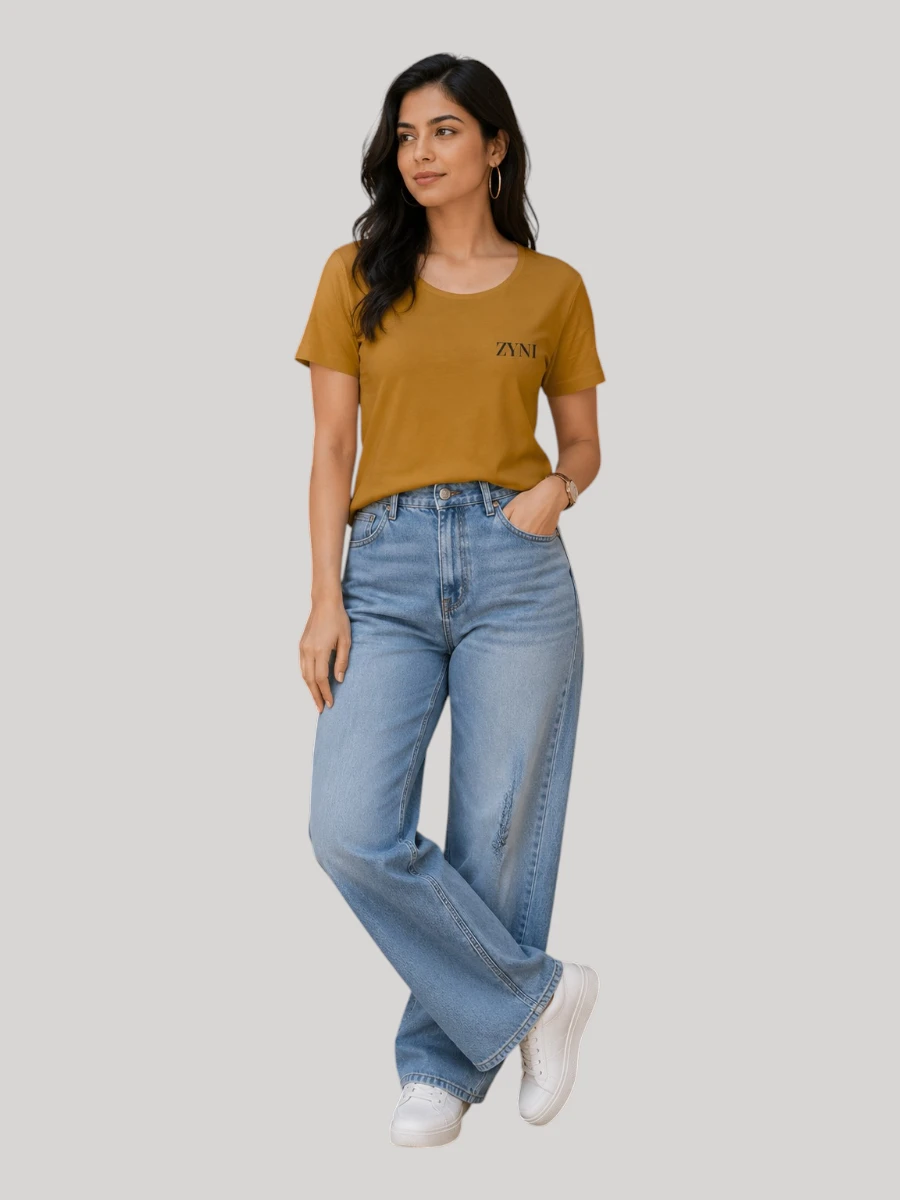 Woman wearing ZYNI Premium Plain Mustard Yellow Cotton T-Shirt with embroidered logo