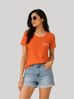 ZYNI Premium Plain Orange Cotton T-Shirt for Women with minimalist embroidered logo and regular fit