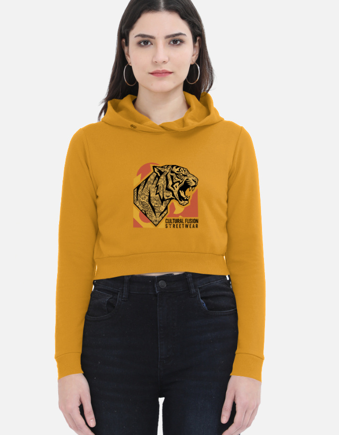 Cultural Fusion Tiger Graphic Female Cropped Hoodie - Image 3