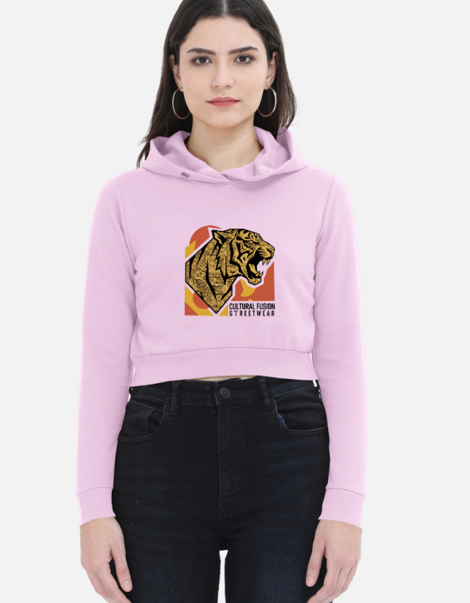 Cultural Fusion Tiger Graphic Female Cropped Hoodie